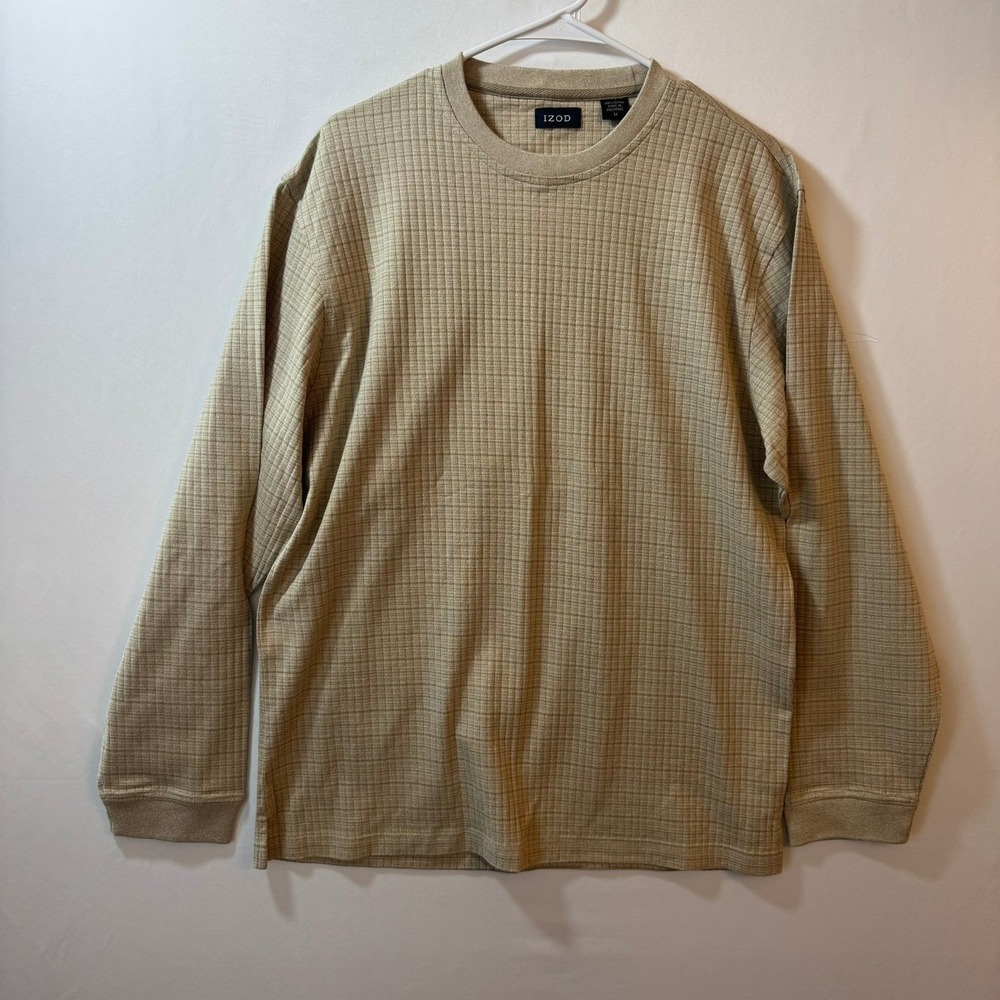 IZOD Mens Medium Tan Beige Textured Grid Knit Long Sleeve Cotton Crewneck Shirt
